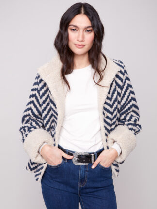 Charlie B Chevron Boucle Short Jacket- Navy . Charlie B Style: C6379-642C-P117 Front