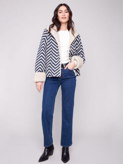 Charlie B Chevron Boucle Short Jacket- Navy . Charlie B Style: C6379-642C-P117