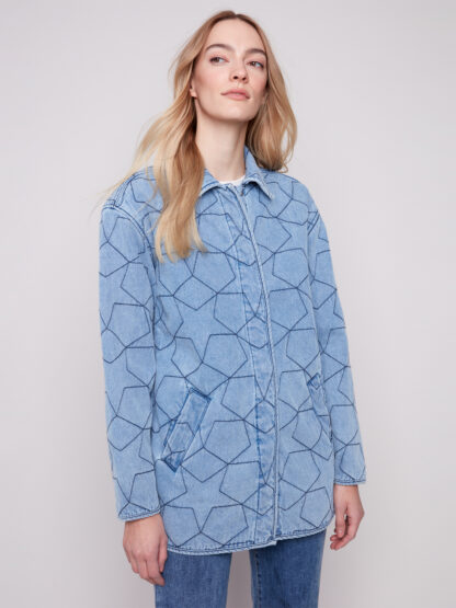 Charlie B Star Quilted Denim Jacket- Light Blue . Charlie B Style: C6386-374C-140