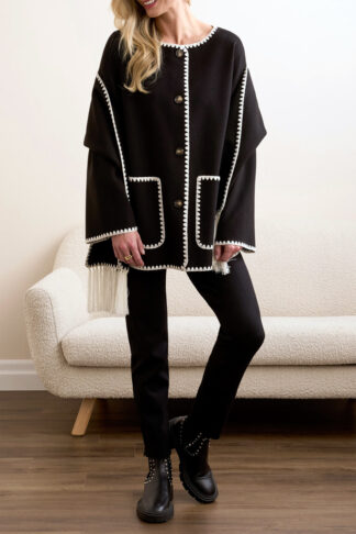 Tribal Button Front Coat- Black . Tribal Style: 2287O-3995-0002