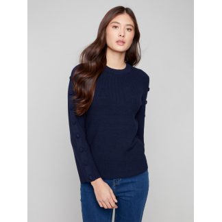Charlie B Ribbed Crew Neck Sweater- Navy . Charlie B Style: C2849-974A-P012