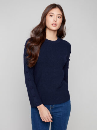 Charlie B Ribbed Crew Neck Sweater- Navy . Charlie B Style: C2849-974A-P012