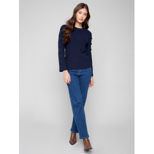 Charlie B Ribbed Crew Neck Sweater- Navy . Charlie B Style: C2849-974A-P012 Wide Shot
