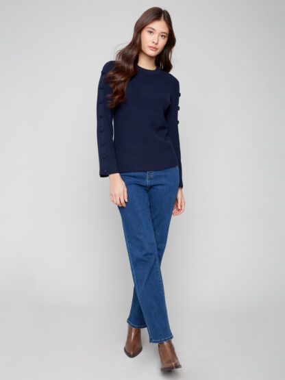 Charlie B Ribbed Crew Neck Sweater- Navy . Charlie B Style: C2849-974A-P012 Wide Shot