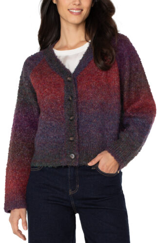 Liverpool Button Front Cardigan Sweater- Berry/Burgundy Ombre . Liverpool Style: LM8H64SR18