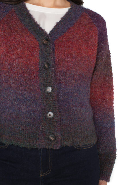 Liverpool Button Front Cardigan Sweater- Berry/Burgundy Ombre . Liverpool Style: LM8H64SR18 Close Up