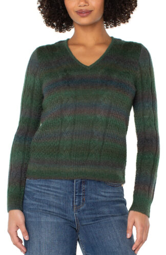 Liverpool Drop Shoulder V-Neck Sweater- Emerald Multi Stripe. Liverpool Style: LM8H67SR17