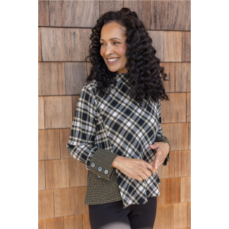 Habitat Girl Gone Plaid Asymmetrical Button Cuff Top- Avocado . Habitat Style: 40295
