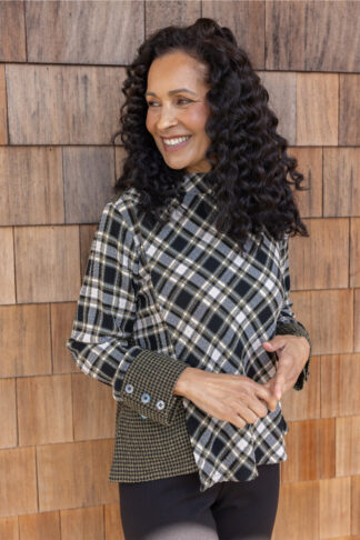 Habitat Girl Gone Plaid Asymmetrical Button Cuff Top- Avocado . Habitat Style: 40295
