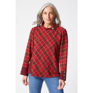 Habitat Girl Gone Plaid Asymmetrical Button Cuff Top- Scarlet . Habitat Style: 40295 Scarlet