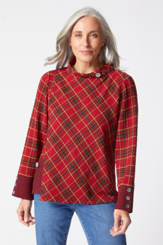 Habitat Girl Gone Plaid Asymmetrical Button Cuff Top- Scarlet . Habitat Style: 40295 Scarlet