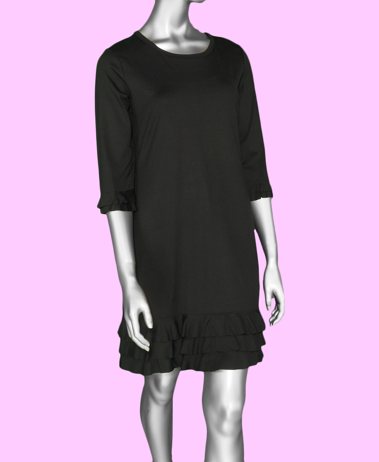 Lulu-B 3/4 Sleeve Ruffle Trim Dress- Black