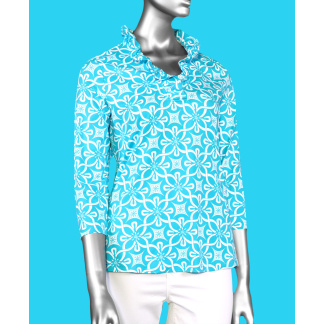 Lulu-B Ruffled Neck Top- Tahitian Turquoise