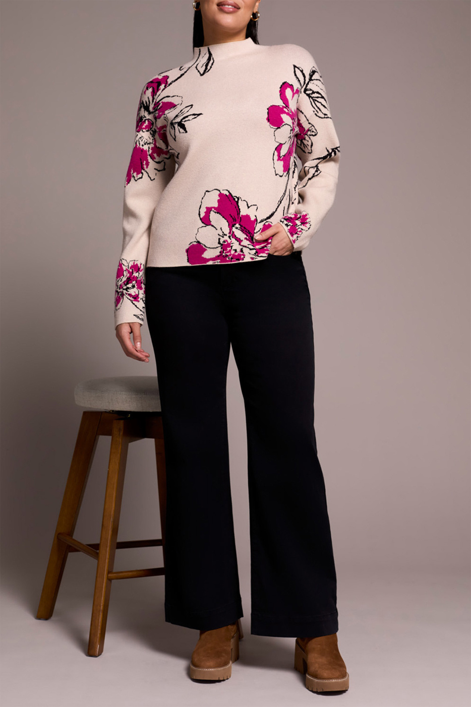 Tribal Funnel Neck Sweater- Pink Flambe