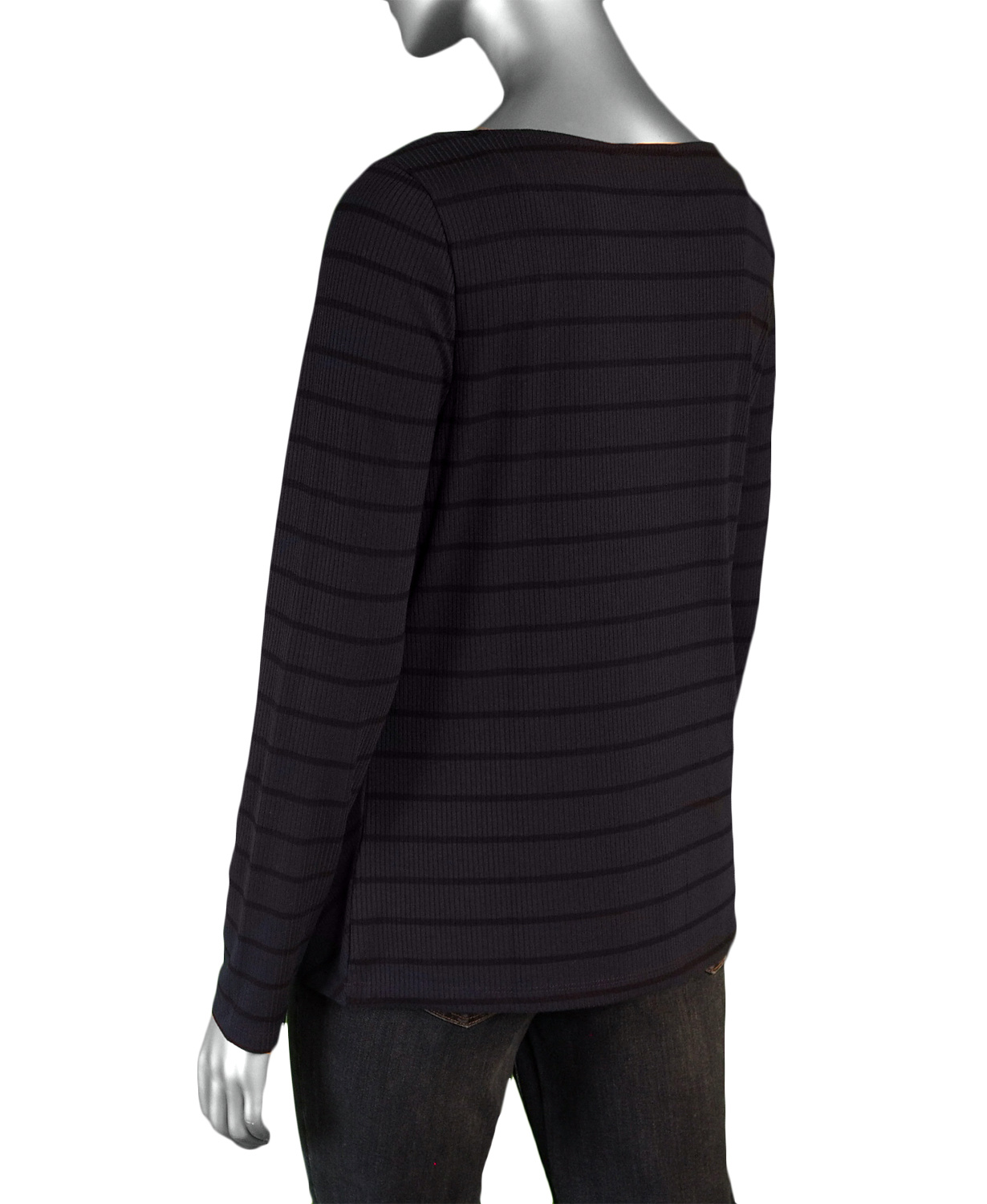 Liverpool Miter Front Boat Neck Knit Top- Dark Navy Stripe - Image 2