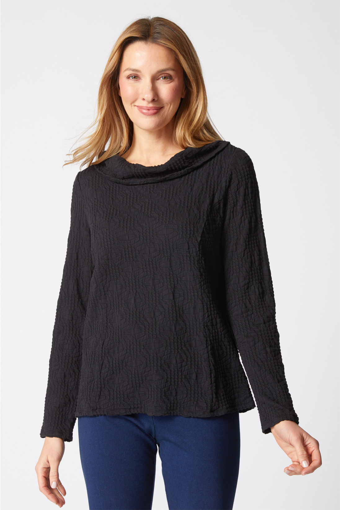 Habitat Sunburst Knit Cowl Seamed Tee- Black