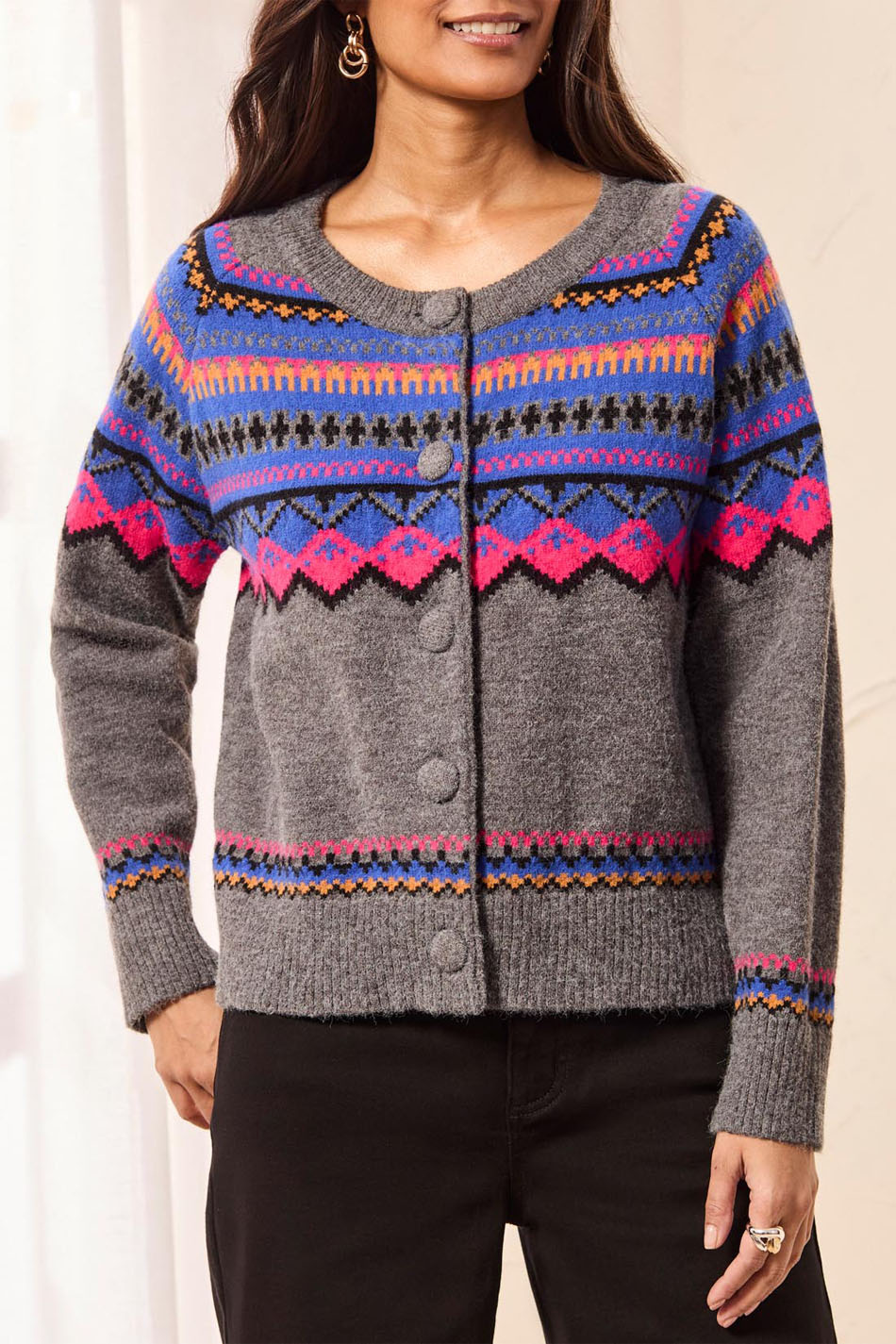 Tribal Button Sweater Cardigan- Charcoal. Tribal Style: 2312O-3814-0097