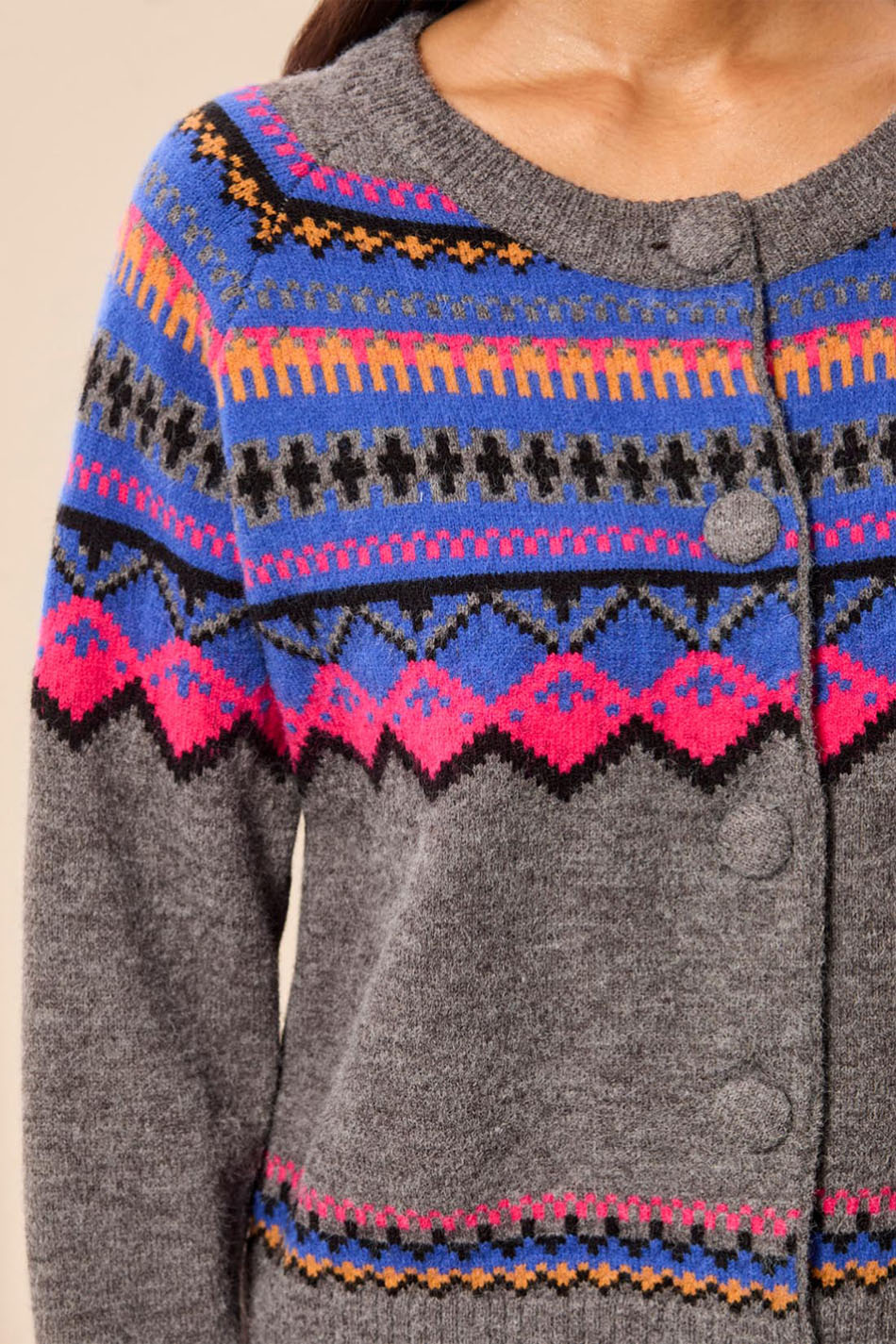 Tribal Button Sweater Cardigan- Charcoal. Tribal Style: 2312O-3814-0097 Close up