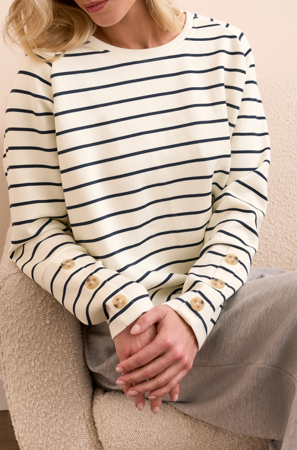 Tribal Crew Neck Top with Buttons- Moonstone - Image 3