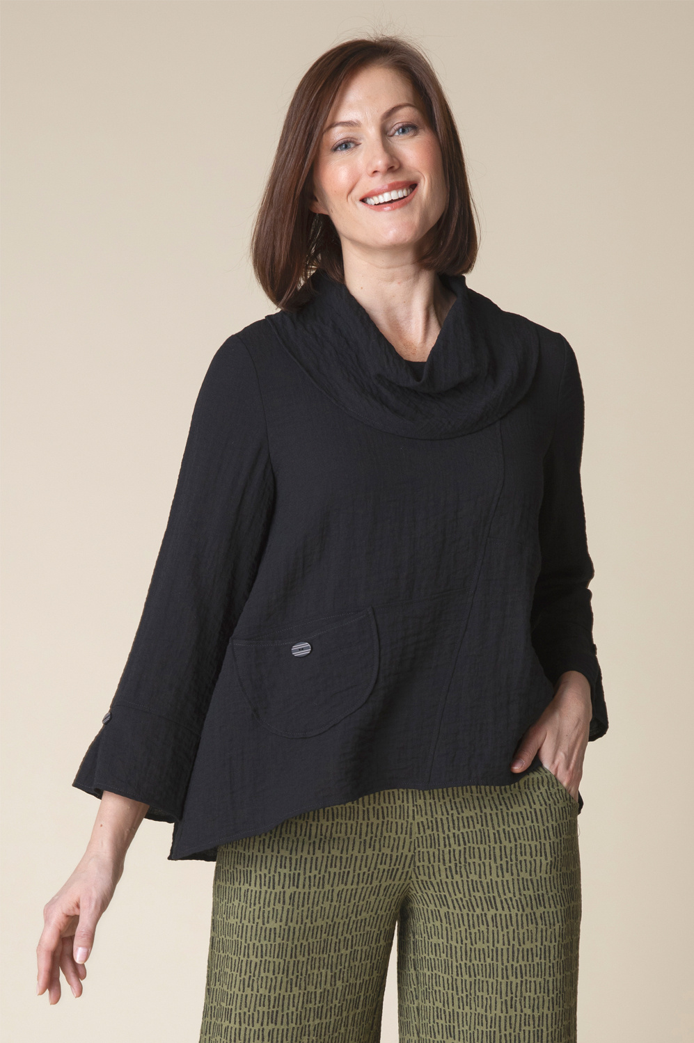 Habitat Express Travel Swing Pocket Cowl Neck Top- Black
