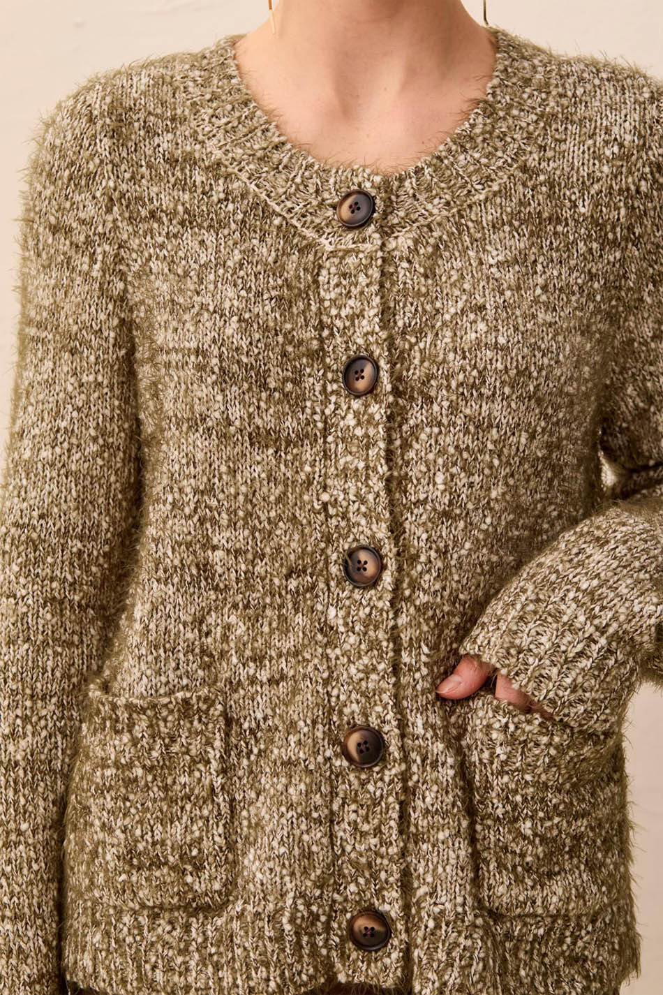 Tribal Button Sweater Cardigan- Basil. Tribal Style: 3163O-8482-1218 Close up