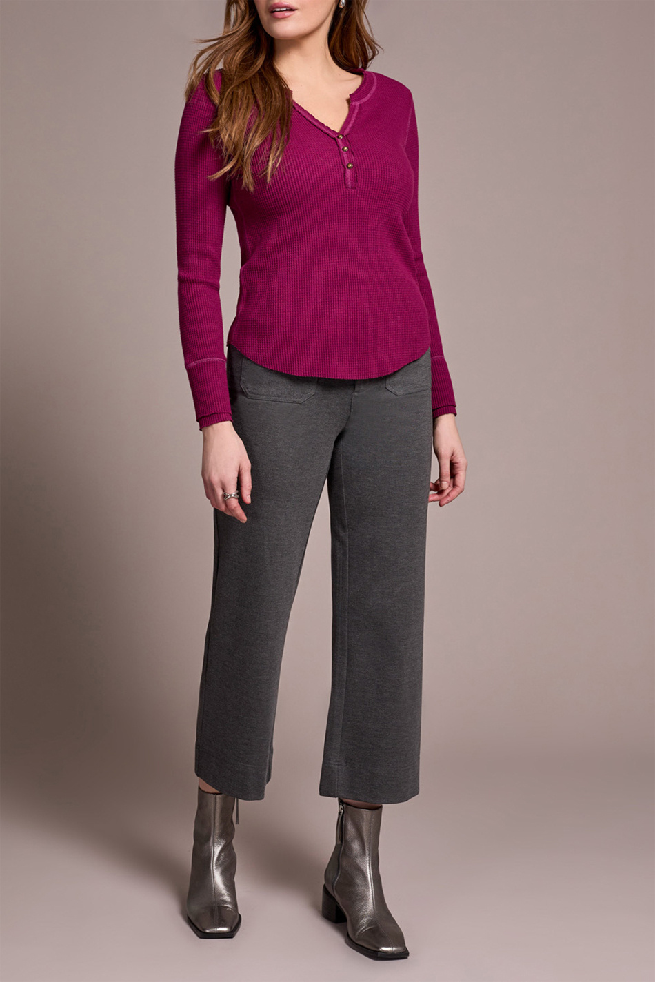 Tribal Henley Top with buttons- Heather Plum wine