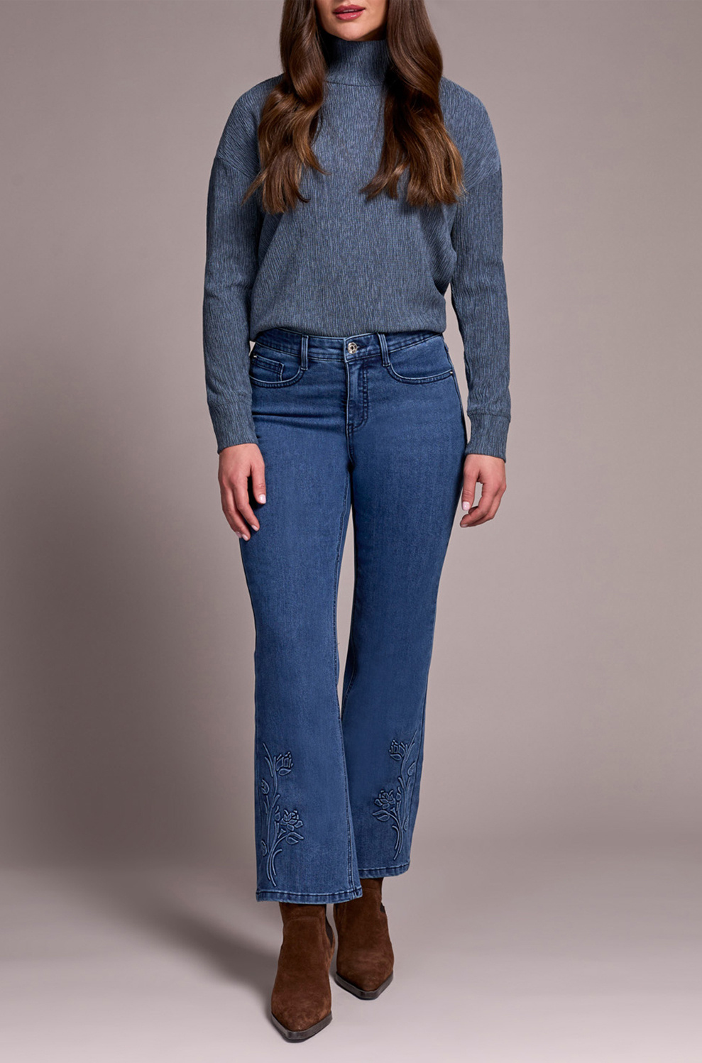Tribal Audrey Flare Jeans with Flower- Soft Navy