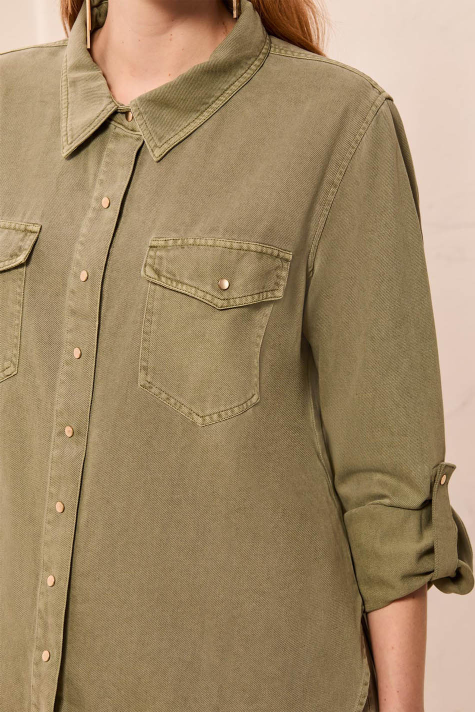 Tribal Classic Denim Shirt - Olive Stone . Tribal Style: 6103O-5579-3366 Close up