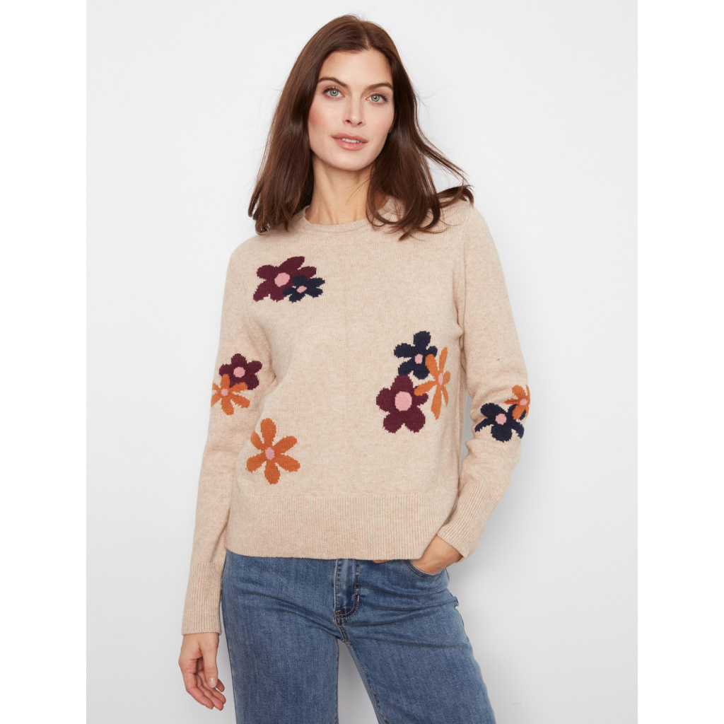 Charlie B Crew Neck Sweater with Placed Jacquard Flowers- Sand . Charlie B Style: C2046-974A-P297