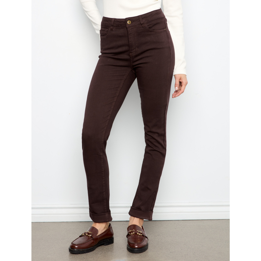 Charlie B Cuffed Hem Slim Colored Twill Pants- Coffee . Charlie B Style: C5309YR-188B-413