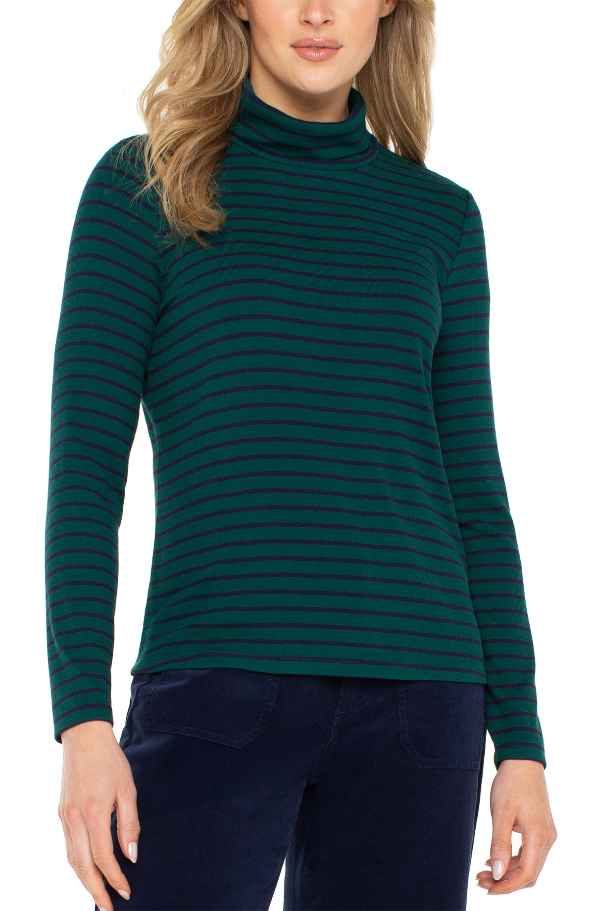 Liverpool Turtle Neck Top- Emerald/Navy Stripe