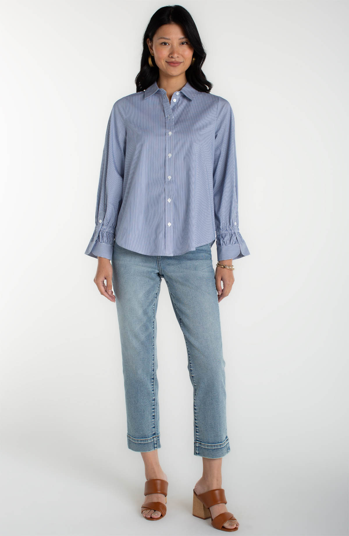 Liverpool Adjustable Sleeve Button Down- Blue/White Mini Stripe - Image 3